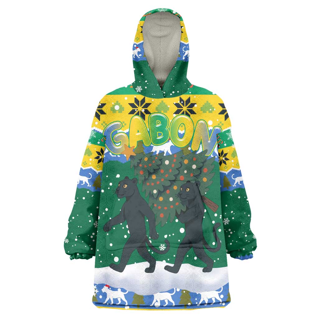 Gabon Christmas Wearable Blanket Hoodie Black Panthers Carrying Tree and Snowflake - African Pride