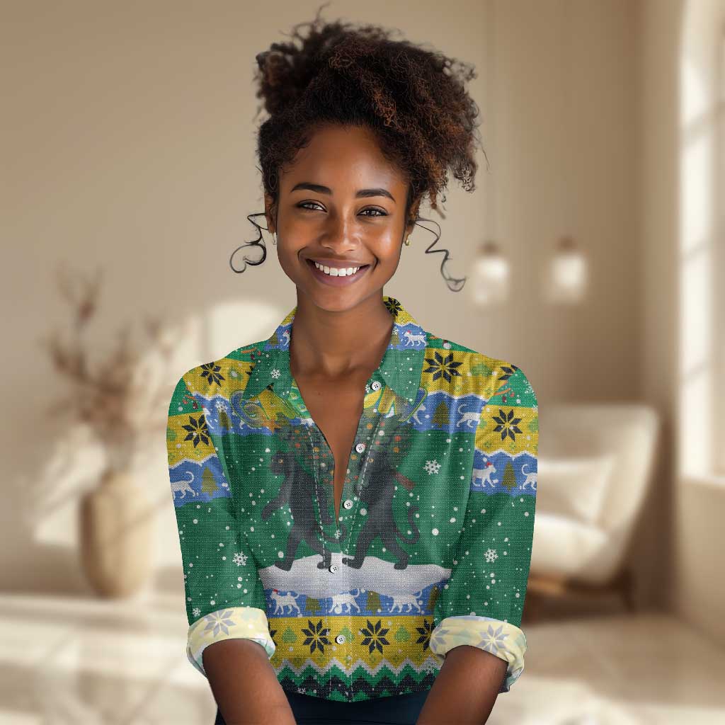 Gabon Christmas Women Casual Shirt Black Panthers Carrying Tree and Snowflake - African Pride