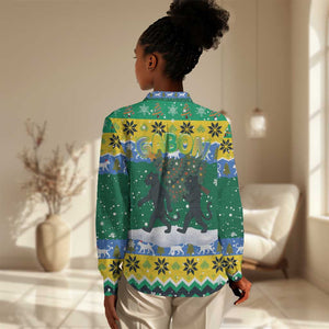 Gabon Christmas Women Casual Shirt Black Panthers Carrying Tree and Snowflake - African Pride