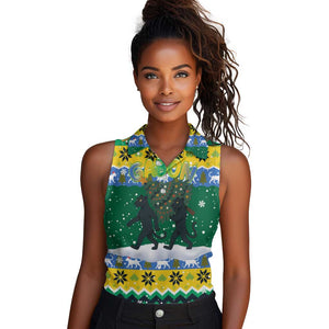 Gabon Christmas Women Sleeveless Polo Shirt Black Panthers Carrying Tree and Snowflake - African Pride