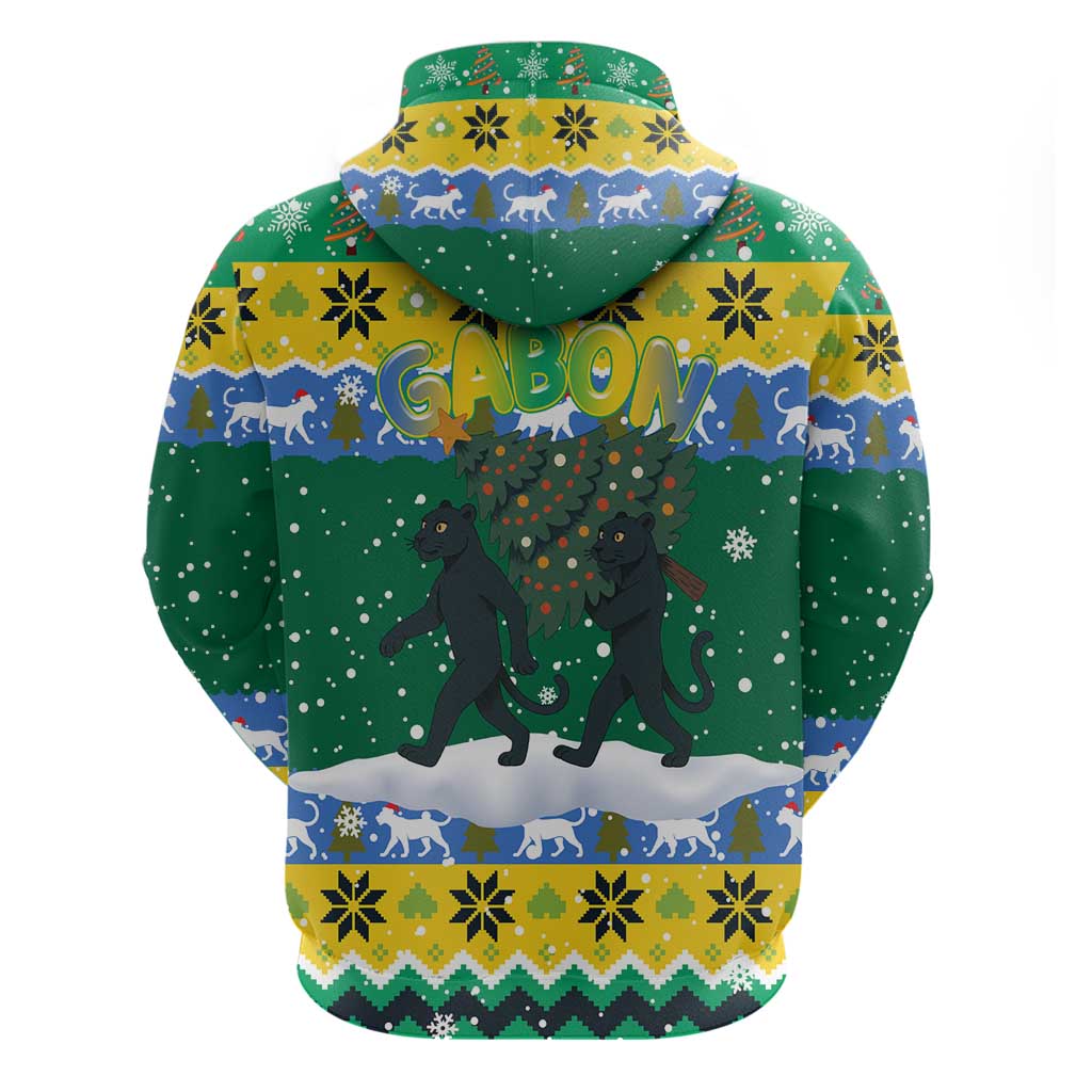 Gabon Christmas Zip Hoodie Black Panthers Carrying Tree and Snowflake - African Pride