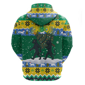 Gabon Christmas Zip Hoodie Black Panthers Carrying Tree and Snowflake - African Pride