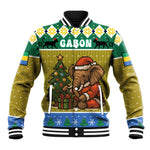 Gabon Christmas Baseball Jacket Pixel Art Elephant Santa Christmas Tree and Flag - African Pride