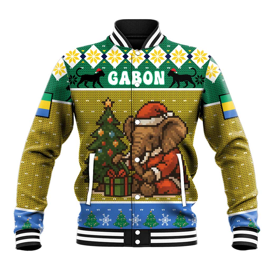 Gabon Christmas Baseball Jacket Pixel Art Elephant Santa Christmas Tree and Flag - African Pride