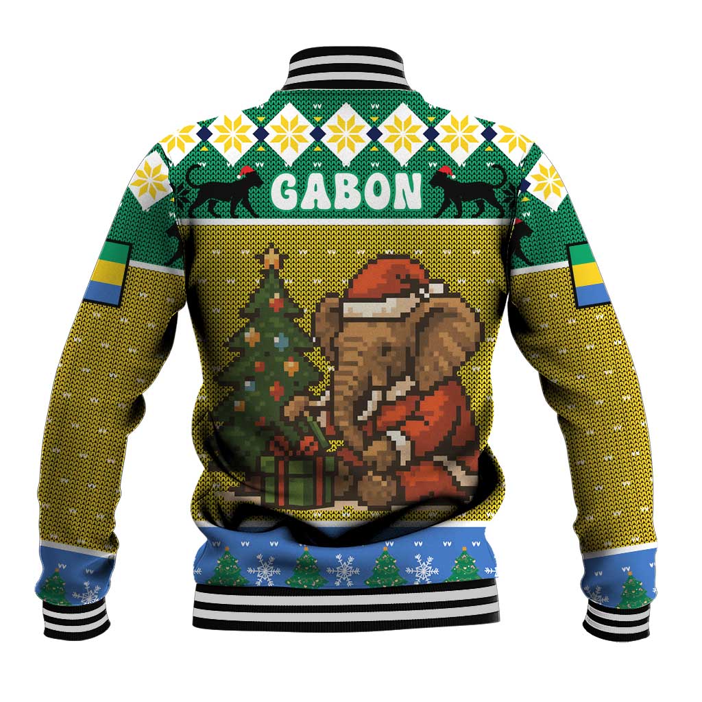 Gabon Christmas Baseball Jacket Pixel Art Elephant Santa Christmas Tree and Flag - African Pride