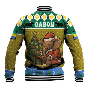 Gabon Christmas Baseball Jacket Pixel Art Elephant Santa Christmas Tree and Flag - African Pride