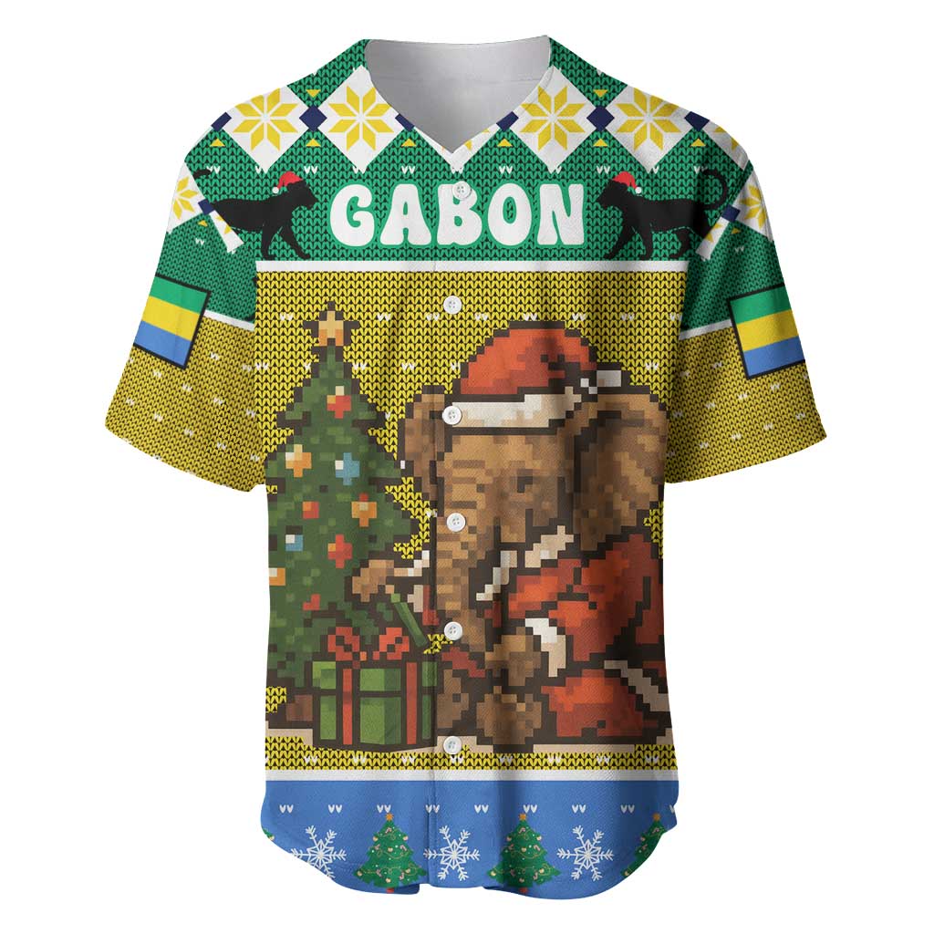 Gabon Christmas Baseball Jersey Pixel Art Elephant Santa Christmas Tree and Flag - African Pride