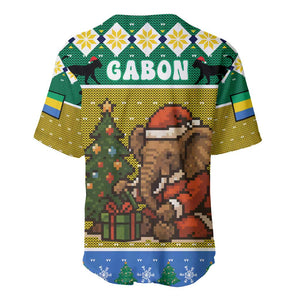 Gabon Christmas Baseball Jersey Pixel Art Elephant Santa Christmas Tree and Flag - African Pride