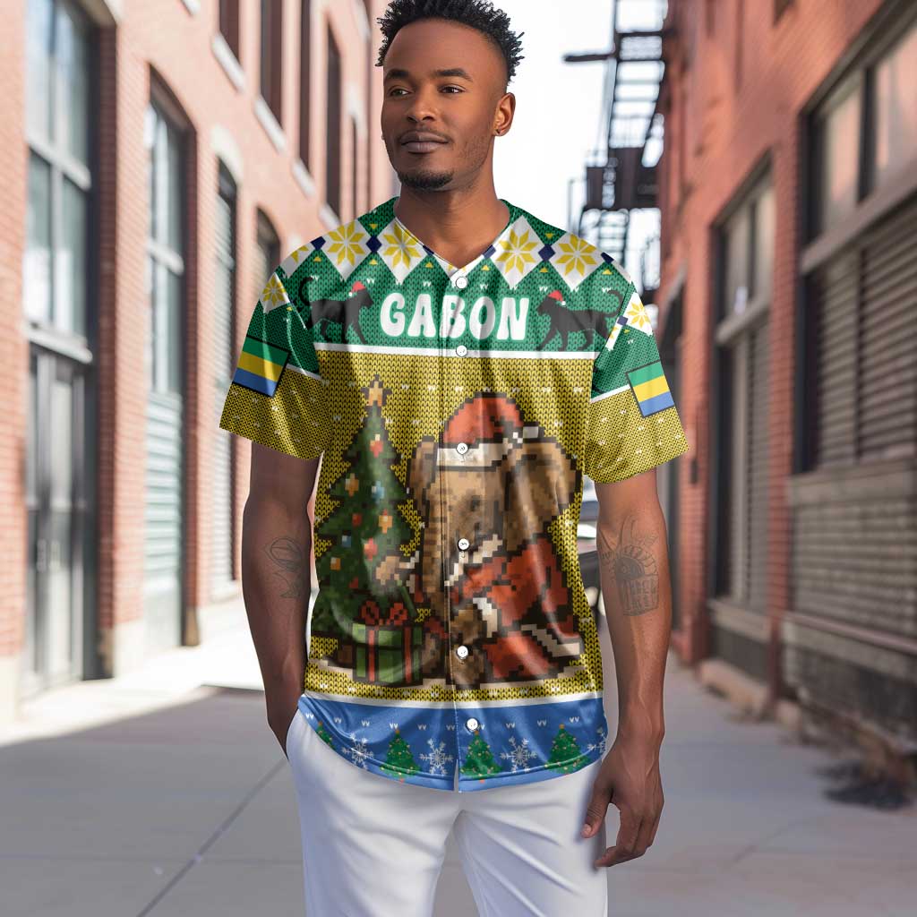 Gabon Christmas Baseball Jersey Pixel Art Elephant Santa Christmas Tree and Flag - African Pride