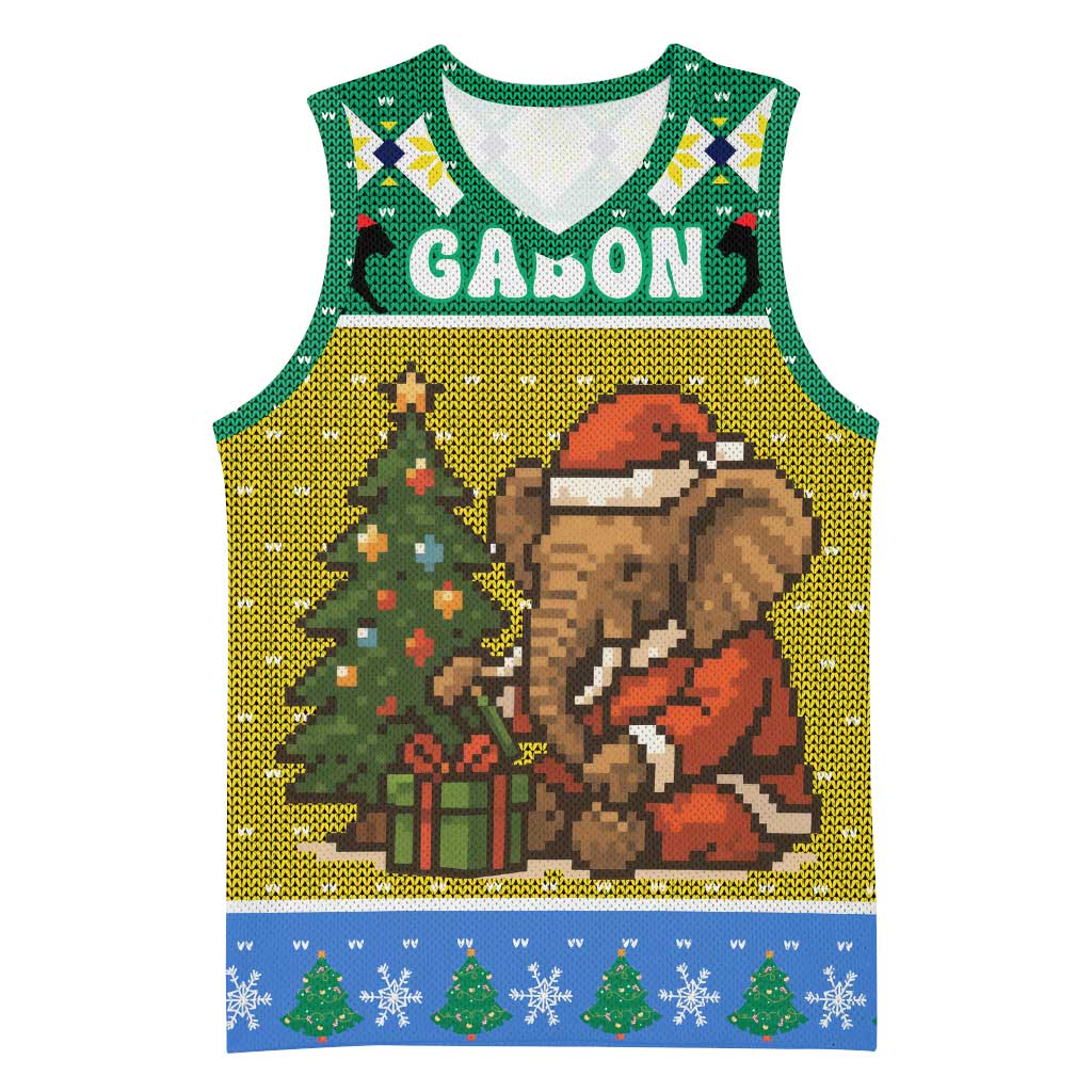 Gabon Christmas Basketball Jersey Pixel Art Elephant Santa Christmas Tree and Flag - African Pride