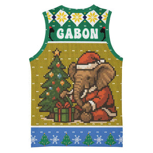 Gabon Christmas Basketball Jersey Pixel Art Elephant Santa Christmas Tree and Flag - African Pride
