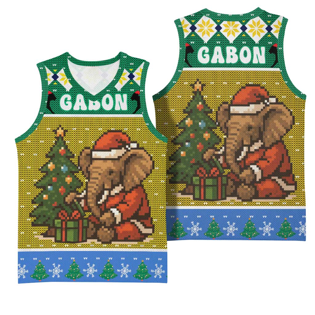 Gabon Christmas Basketball Jersey Pixel Art Elephant Santa Christmas Tree and Flag - African Pride