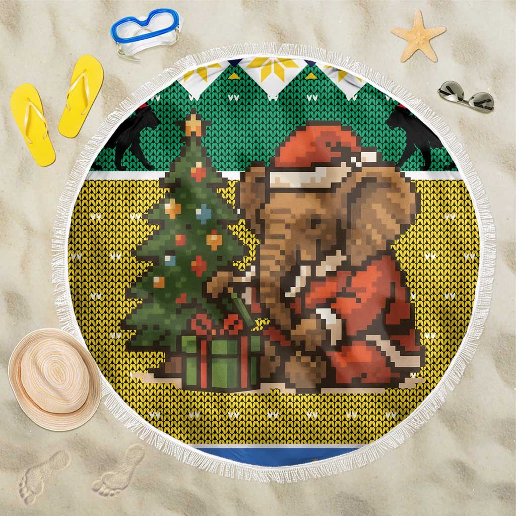 Gabon Christmas Beach Blanket Pixel Art Elephant Santa Christmas Tree and Flag - African Pride