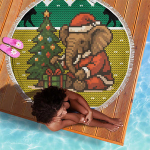 Gabon Christmas Beach Blanket Pixel Art Elephant Santa Christmas Tree and Flag - African Pride