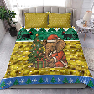 Gabon Christmas Bedding Set Pixel Art Elephant Santa Christmas Tree and Flag - African Pride