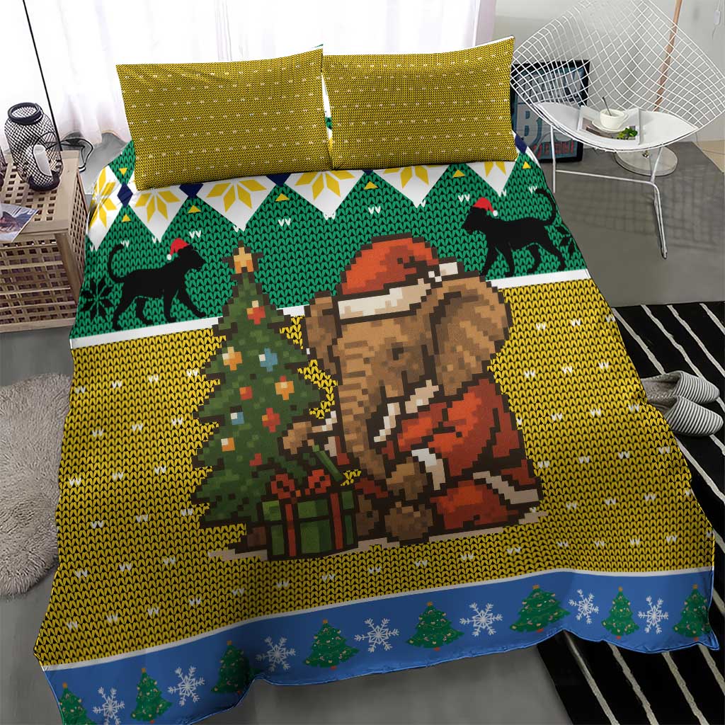 Gabon Christmas Bedding Set Pixel Art Elephant Santa Christmas Tree and Flag - African Pride