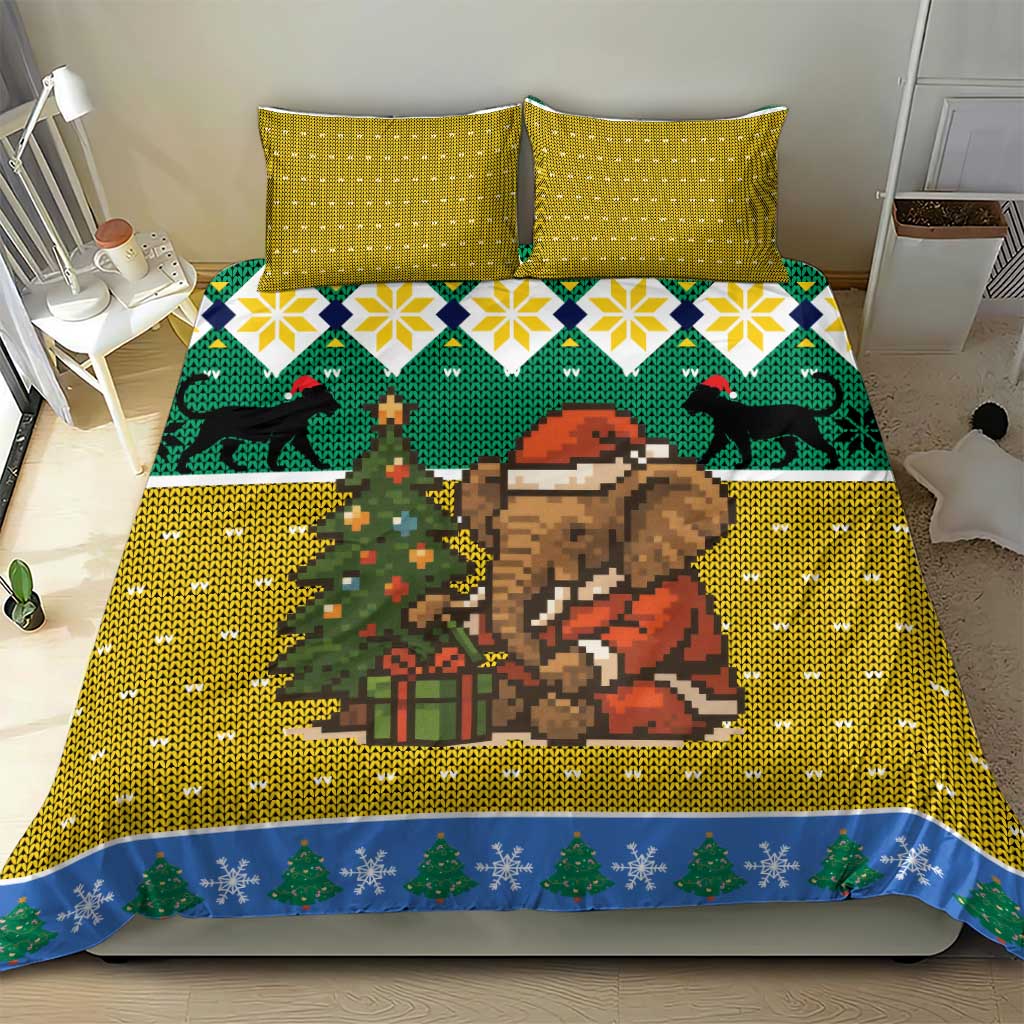 Gabon Christmas Bedding Set Pixel Art Elephant Santa Christmas Tree and Flag - African Pride