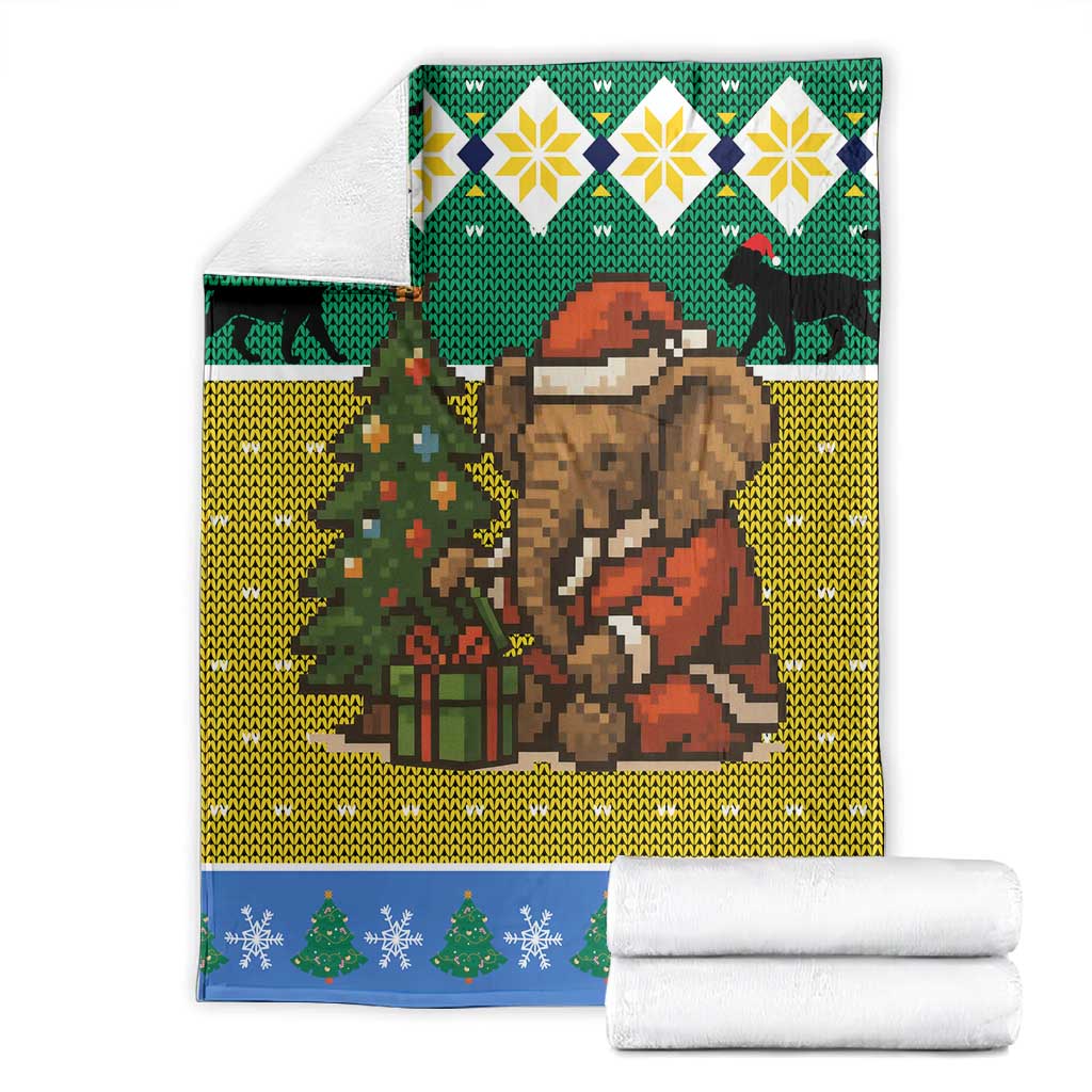 Gabon Christmas Blanket Pixel Art Elephant Santa Christmas Tree and Flag - African Pride