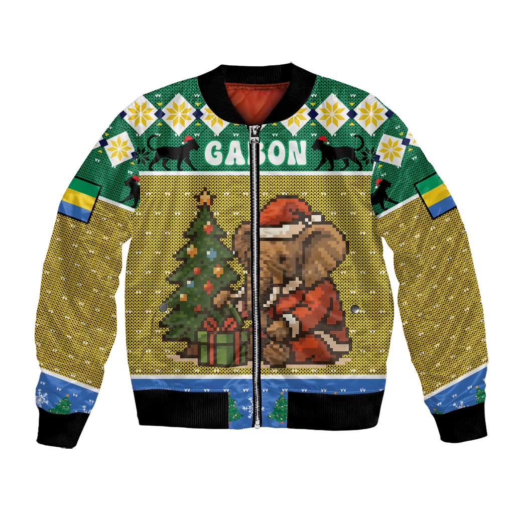 Gabon Christmas Bomber Jacket Pixel Art Elephant Santa Christmas Tree and Flag - African Pride