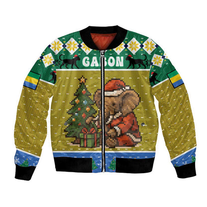 Gabon Christmas Bomber Jacket Pixel Art Elephant Santa Christmas Tree and Flag - African Pride