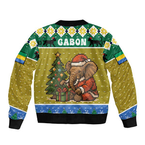 Gabon Christmas Bomber Jacket Pixel Art Elephant Santa Christmas Tree and Flag - African Pride