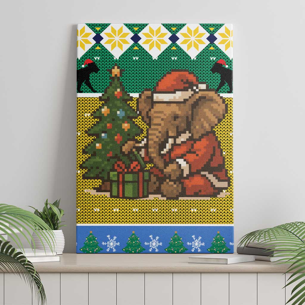 Gabon Christmas Canvas Wall Art Pixel Art Elephant Santa Christmas Tree and Flag - African Pride