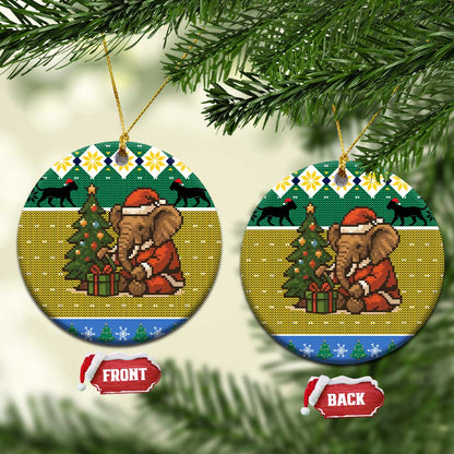 Gabon Christmas Ceramic Ornament Pixel Art Elephant Santa Christmas Tree and Flag - African Pride