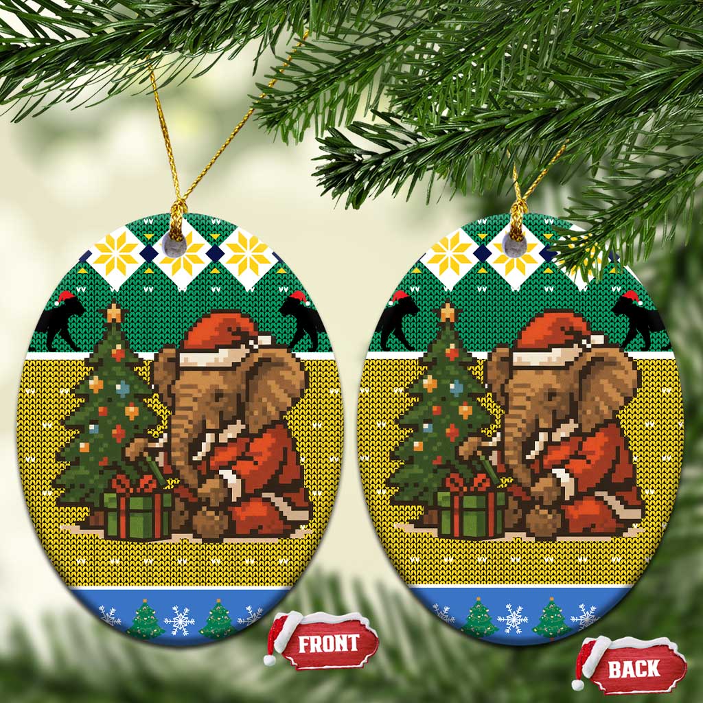 Gabon Christmas Ceramic Ornament Pixel Art Elephant Santa Christmas Tree and Flag - African Pride