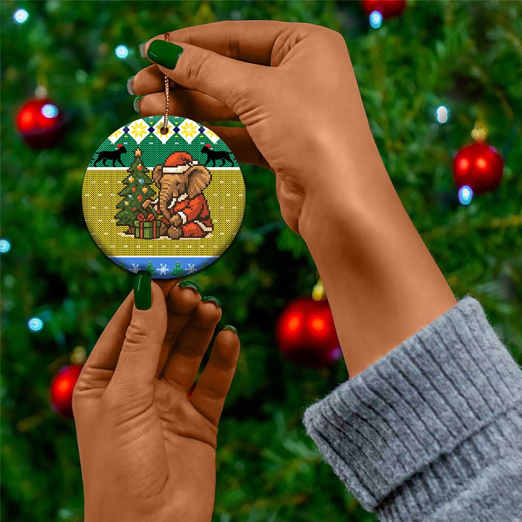 Gabon Christmas Ceramic Ornament Pixel Art Elephant Santa Christmas Tree and Flag - African Pride
