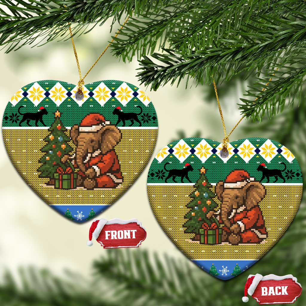 Gabon Christmas Ceramic Ornament Pixel Art Elephant Santa Christmas Tree and Flag - African Pride