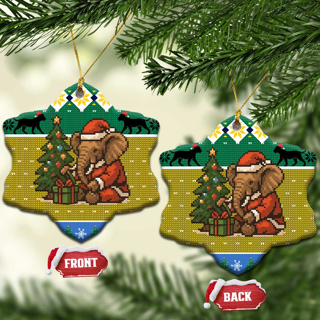 Gabon Christmas Ceramic Ornament Pixel Art Elephant Santa Christmas Tree and Flag - African Pride