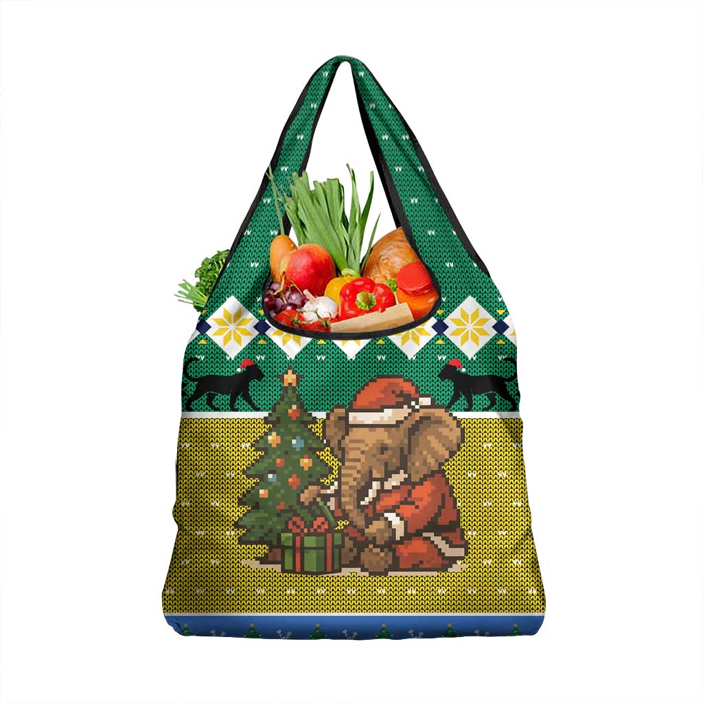 Gabon Christmas Grocery Bag Pixel Art Elephant Santa Christmas Tree and Flag - African Pride
