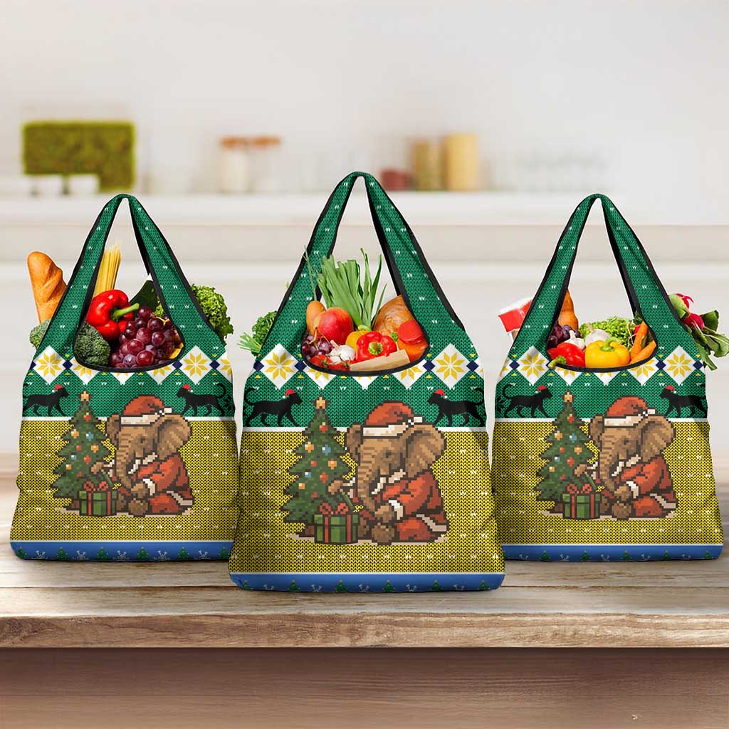 Gabon Christmas Grocery Bag Pixel Art Elephant Santa Christmas Tree and Flag - African Pride