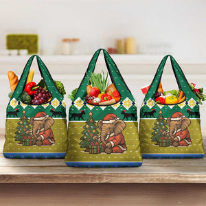 Gabon Christmas Grocery Bag Pixel Art Elephant Santa Christmas Tree and Flag - African Pride
