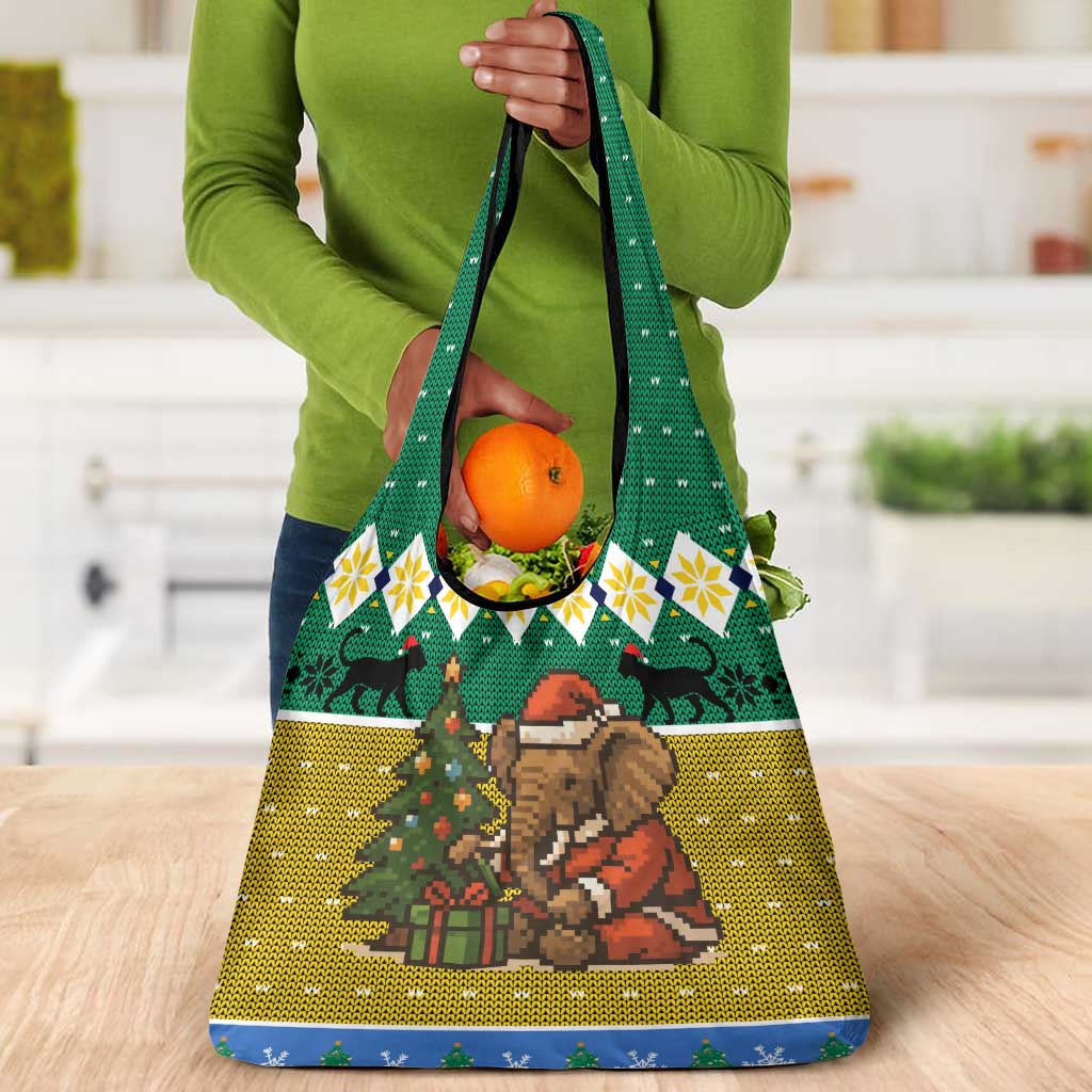 Gabon Christmas Grocery Bag Pixel Art Elephant Santa Christmas Tree and Flag - African Pride