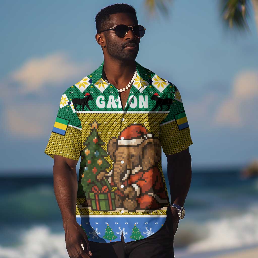 Gabon Christmas Hawaiian Shirt Pixel Art Elephant Santa Christmas Tree and Flag - African Pride