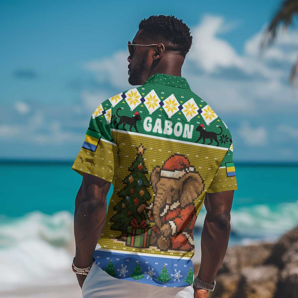 Gabon Christmas Hawaiian Shirt Pixel Art Elephant Santa Christmas Tree and Flag - African Pride