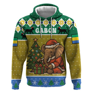 Gabon Christmas Hoodie Pixel Art Elephant Santa Christmas Tree and Flag - African Pride