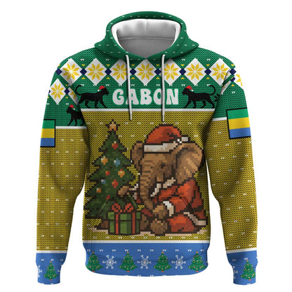 Gabon Christmas Hoodie Pixel Art Elephant Santa Christmas Tree and Flag - African Pride