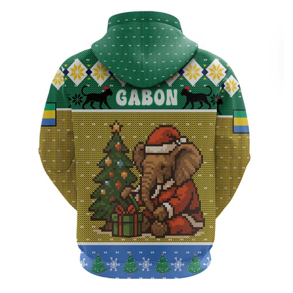 Gabon Christmas Hoodie Pixel Art Elephant Santa Christmas Tree and Flag - African Pride