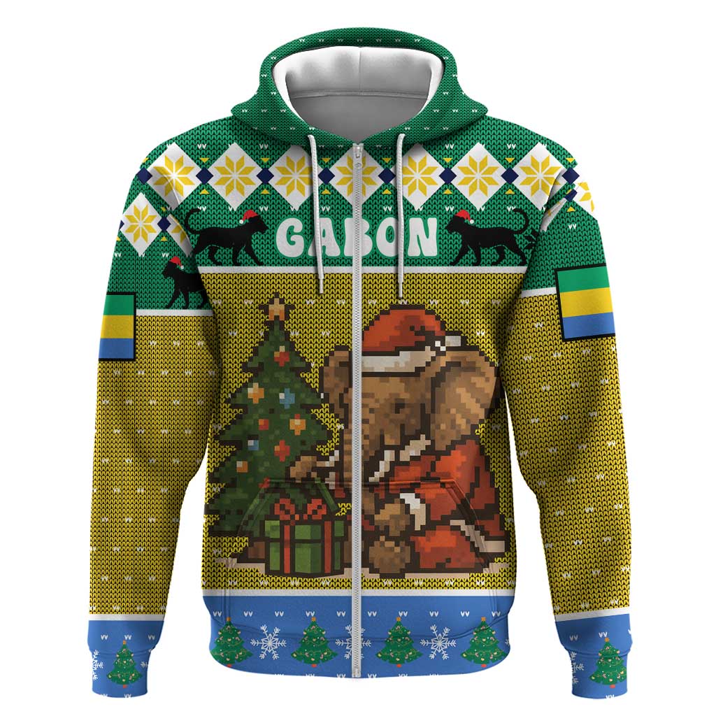 Gabon Christmas Hoodie Pixel Art Elephant Santa Christmas Tree and Flag - African Pride