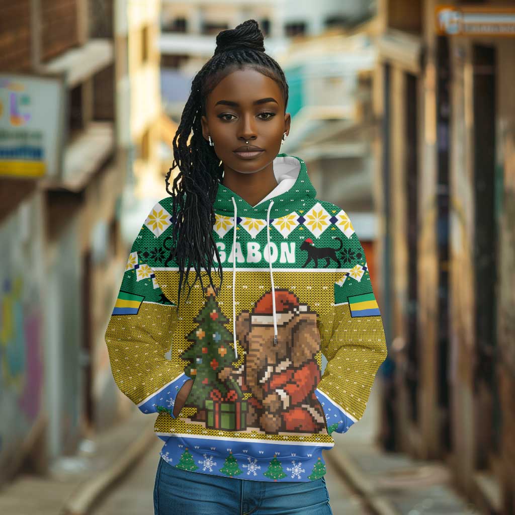 Gabon Christmas Hoodie Pixel Art Elephant Santa Christmas Tree and Flag - African Pride