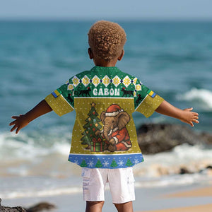 Gabon Christmas Kid Hawaiian Shirt Pixel Art Elephant Santa Christmas Tree and Flag - African Pride