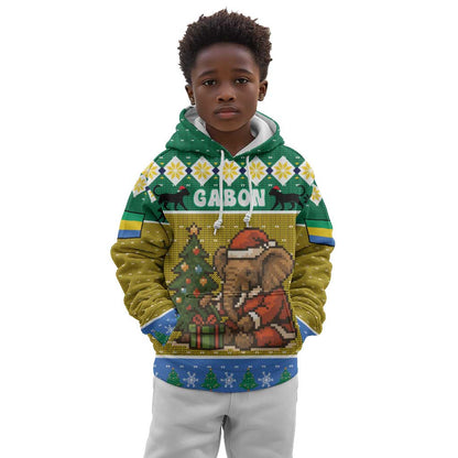 Gabon Christmas Kid Hoodie Pixel Art Elephant Santa Christmas Tree and Flag - African Pride