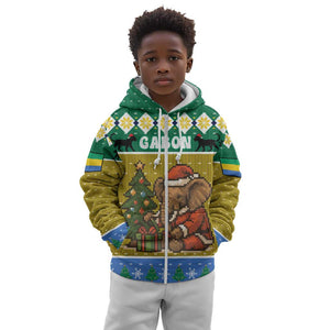 Gabon Christmas Kid Hoodie Pixel Art Elephant Santa Christmas Tree and Flag - African Pride
