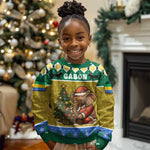 Gabon Christmas Kid Ugly Christmas Sweater Pixel Art Elephant Santa Christmas Tree and Flag - African Pride