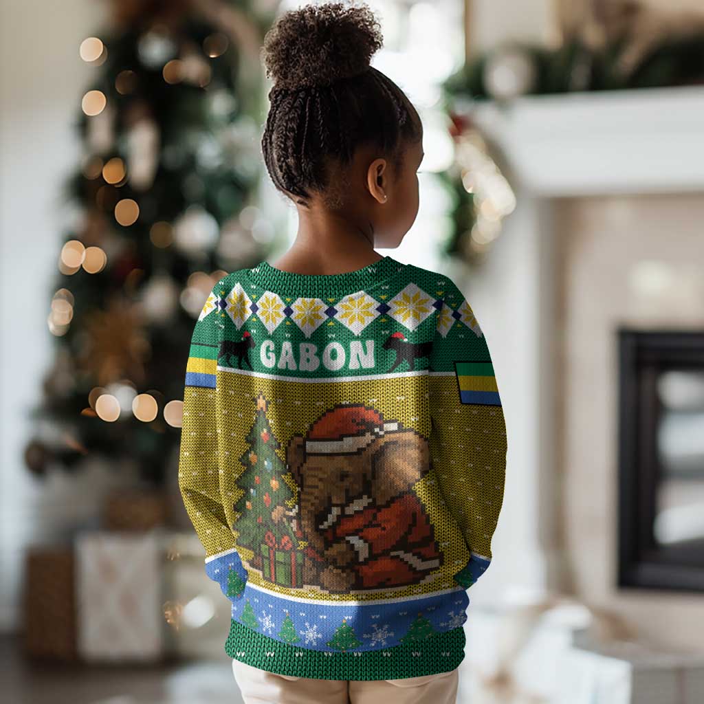 Gabon Christmas Kid Ugly Christmas Sweater Pixel Art Elephant Santa Christmas Tree and Flag - African Pride