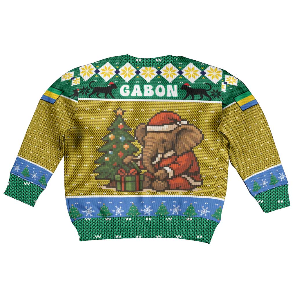 Gabon Christmas Kid Ugly Christmas Sweater Pixel Art Elephant Santa Christmas Tree and Flag - African Pride