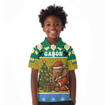 Gabon Christmas Kid Polo Shirt Pixel Art Elephant Santa Christmas Tree and Flag - African Pride