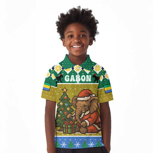 Gabon Christmas Kid Polo Shirt Pixel Art Elephant Santa Christmas Tree and Flag - African Pride